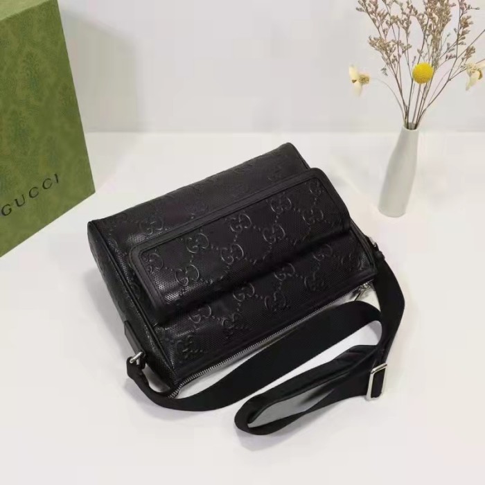 Gucci Unisex GG Embossed Messenger Bag Black GG Embossed Leather