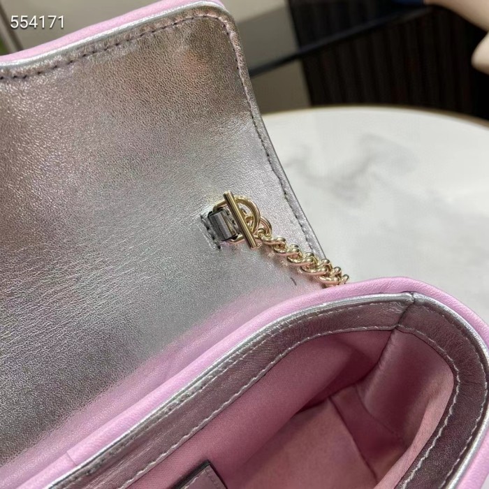 Gucci Women GG Marmont Super Mini Bag Pink Iridescent Matelassé Chevron Leather