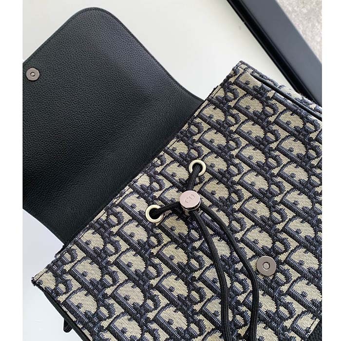 Dior Unisex CD Saddle Backpack Beige Black Dior Oblique Jacquard Black Grained Calfskin