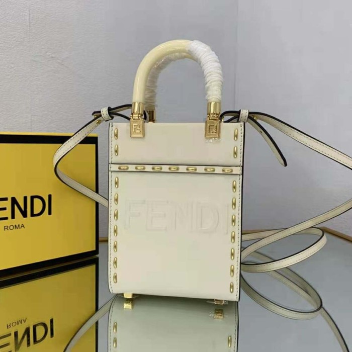 Fendi Women Mini Sunshine Shopper White Leather Mini Bag