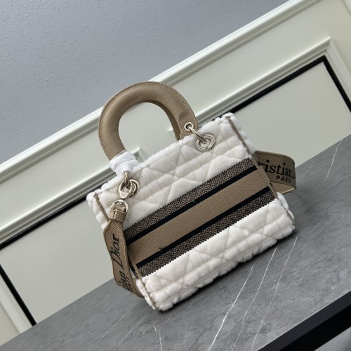 Dior Women CD Medium Lady D-Lite Bag Ice Cannage Shearling Interior Zip Large Patch Pocket
