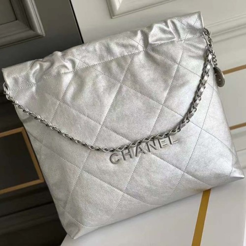 Chanel Women CC 22 Handbag Metallic Calfskin Silver-Tone Metal Silver