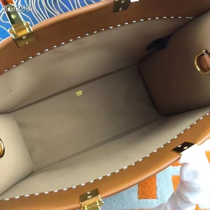 Fendi FF Women Sunshine Medium Light Brown Leather Elaphe Shopper Bag