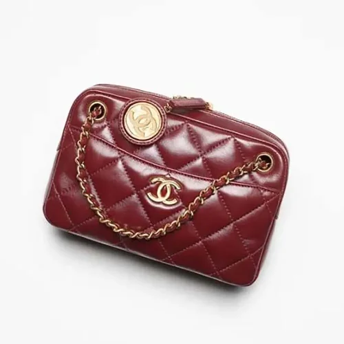 Chanel Women Mini Camera Case Shiny Lambskin Gold Tone Metal-Burgundy