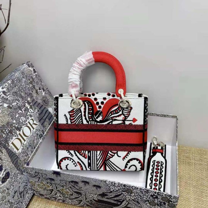 Dior Women Medium Lady D-lite Bag Latte Multicolor Cupidon Embroidery