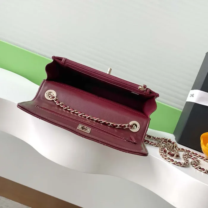 Chanel Women Wallet On Chain Lambskin Imitation Pearls Gold Metal-Maroon