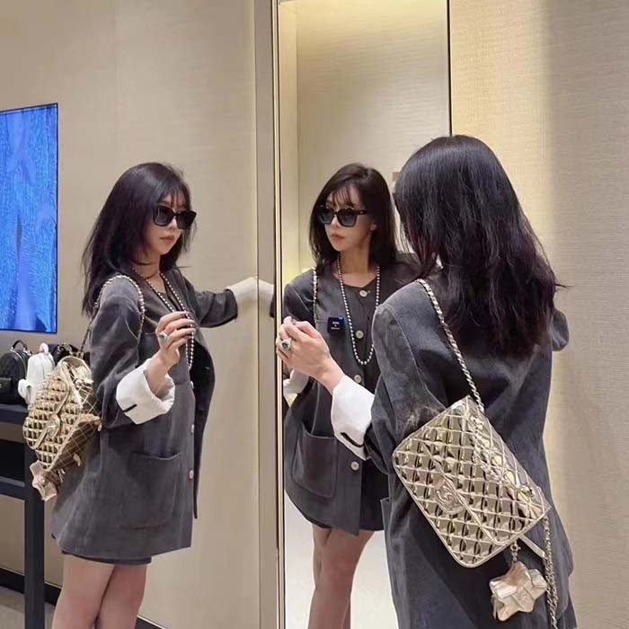 Chanel Women CC Backpack Star Coin Purse Mirror Calfskin Metallic Calfskin Gold-Tone Metal