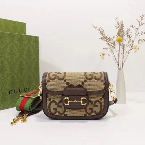 Gucci Unisex Horsebit 1955 Jumbo GG Mini Bag Camel Ebony Canvas