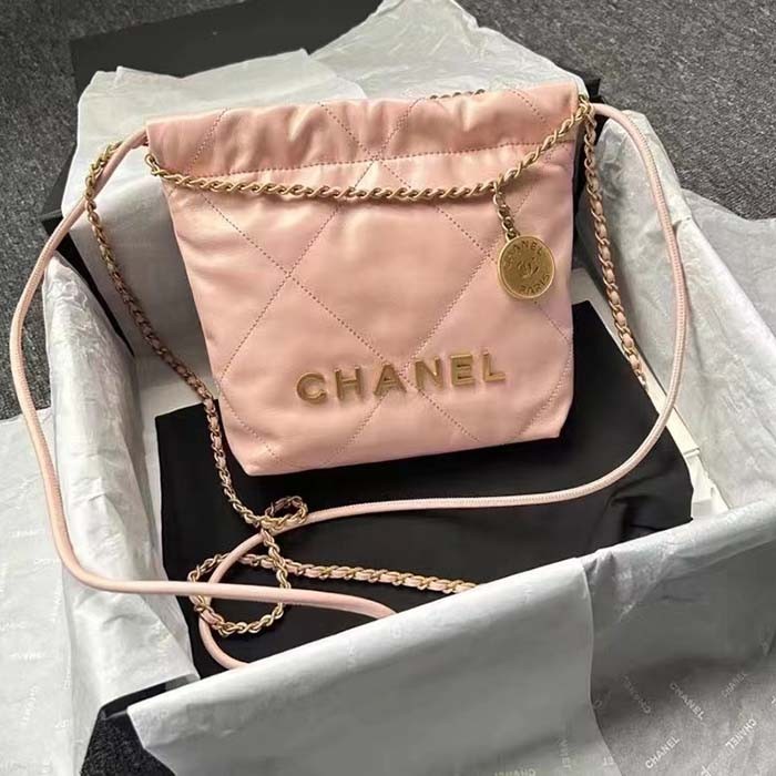 Chanel Women CC 22 Mini Handbag Shiny Calfskin Gold-Tone Metal Light Pink