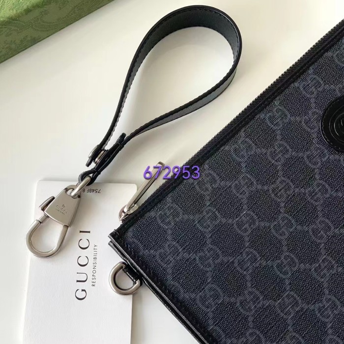 Gucci Unisex Pouch Interlocking G Black GG Supreme Canvas Leather Zip Closure
