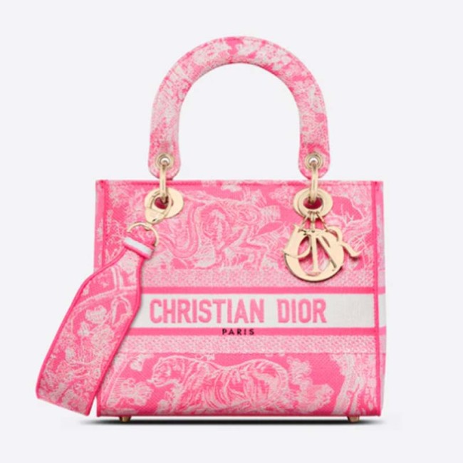 Dior Women CD Medium Lady D-Lite Bag Fluorescent Pink Toile De Jouy Reverse Embroidery
