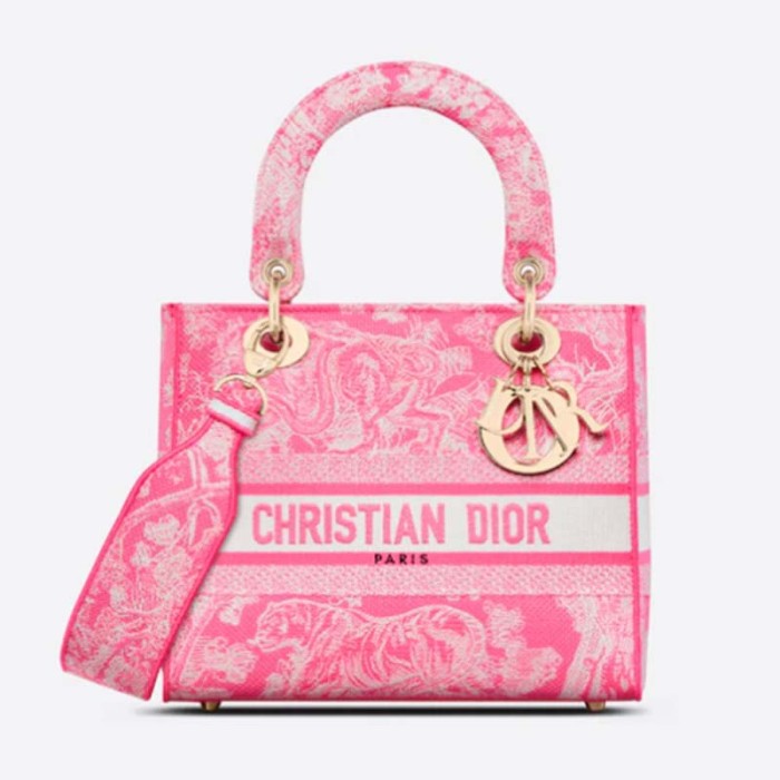 Dior Women CD Medium Lady D-Lite Bag Fluorescent Pink Toile De Jouy Reverse Embroidery