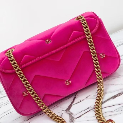 Gucci Women GG Marmont Small Shoulder Bag Dark Pink Quilted Chevron Velvet Leather Double G