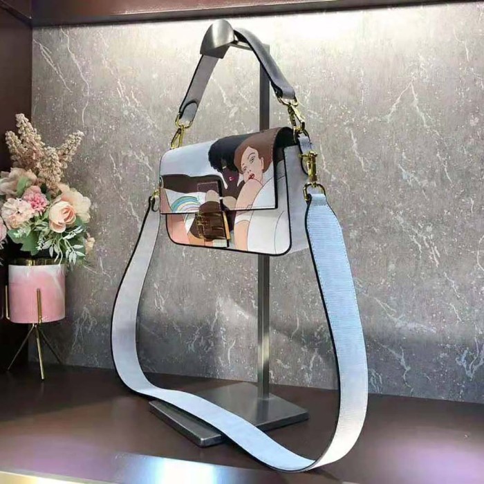 Fendi Women Baguette FF White Glazed Fabric Bag with Inlay