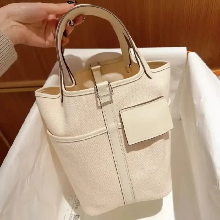 Hermes Women Picotin Lock 18 Pockets in Goeran Canvas Leather-White