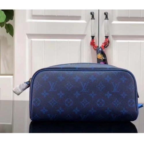 Louis Vuitton LV Unisex Dopp Kit Toilet Pouch Blue Taiga Cowhide Leather Monogram Coated Canvas
