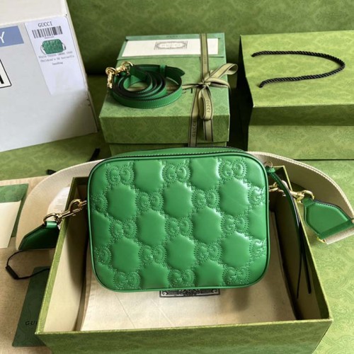 Gucci Women GG Matelassé Leather Small Bag Bright Green Double G Zip Closure