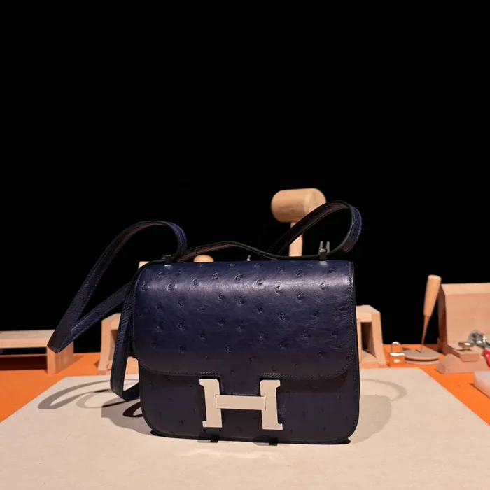 Hermes Women Constance 19 Bag Nata Ostrich Leather-Navy/Silver