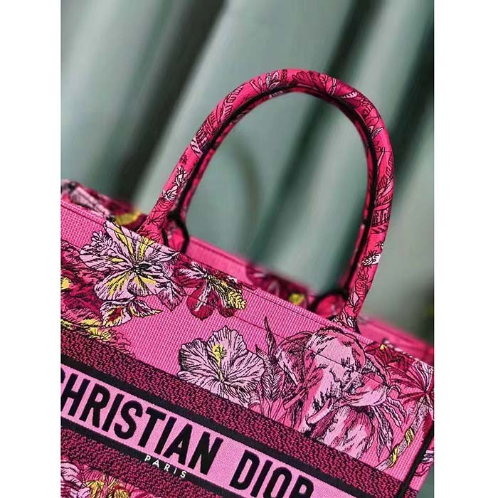 Dior Women CD Medium Book Tote Fuchsia Multicolor Toile De Jouy Voyage Embroidery