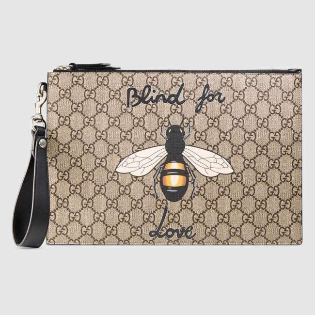 Gucci GG Men Gucci Bestiary Pouch with Bee in Beige/Ebony Soft GG Supreme with Bee