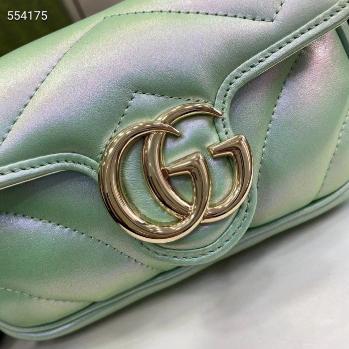 Gucci Women GG Marmont Super Mini Bag Light Green Iridescent Matelassé Chevron Leather