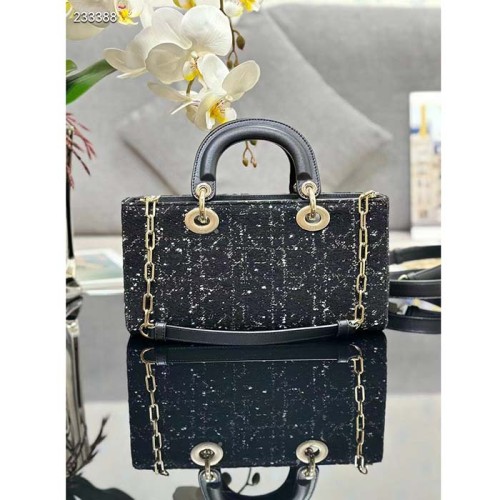 Dior Women CD Medium Lady D-Joy Bag Black Cannage Tweed