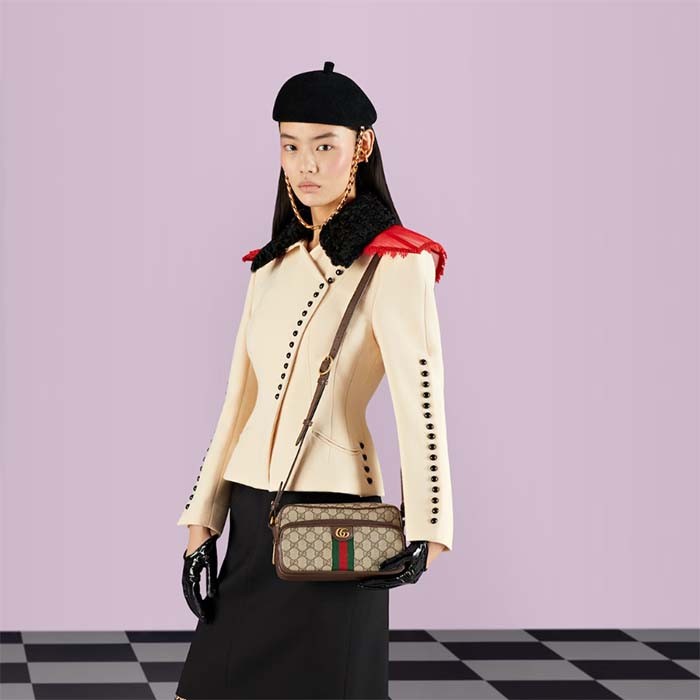 Gucci Unisex GG Ophidia Small Messenger Bag Beige Ebony GG Supreme Canvas