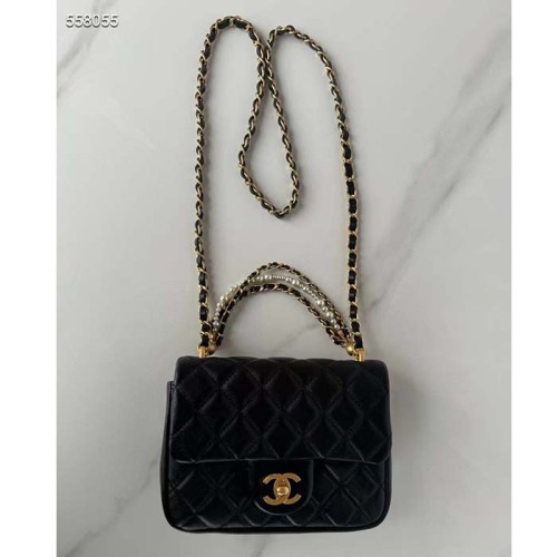 Chanel Women CC Mini Flap Bag Shiny Lambskin Imitation Pearls Black