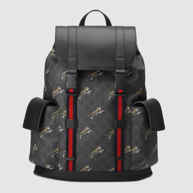 Gucci GG Unisex Gucci Bestiary Backpack with Tigers in Black/Grey Soft GG Supreme Canvas