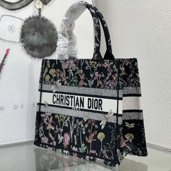 Dior Women Medium Dior Book Tote Black Embroidery with Multicolor Millefiori Unicorn Motif