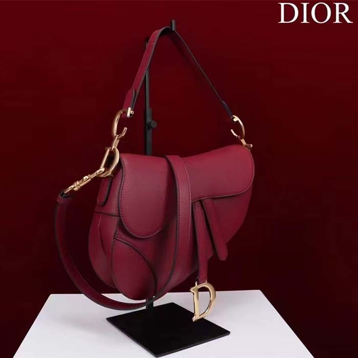 Dior Women CD Saddle Bag Strap Amaryllis Red Grained Calfskin