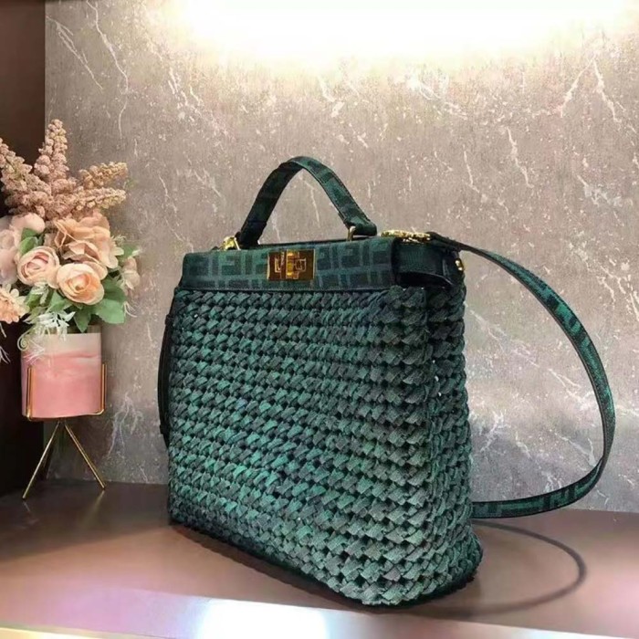 Fendi Women Peekaboo Iconic Medium Jacquard Fabric Interlace Bag-Dark Green