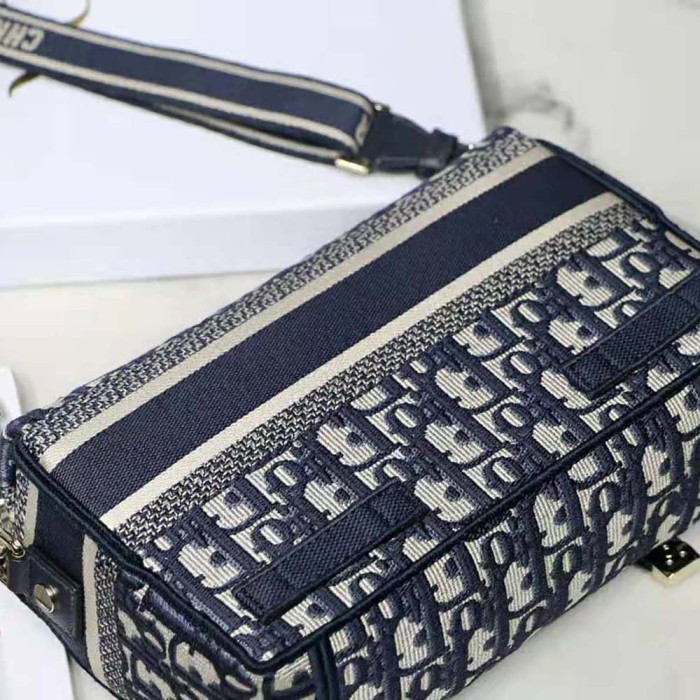 Dior Women Small Diorcamp Bag Blue Dior Oblique Embroidery