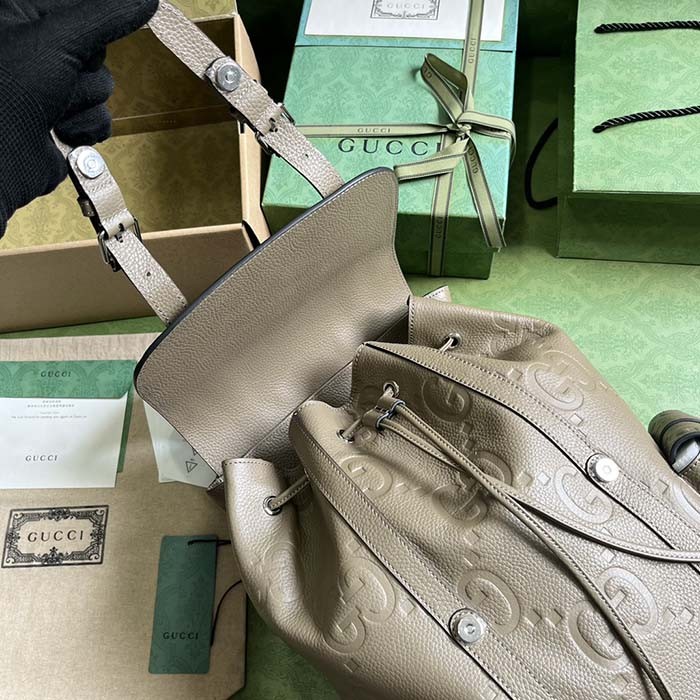 Gucci Unisex Jumbo GG Backpack Dark Green Leather Cotton Linen Top Handle