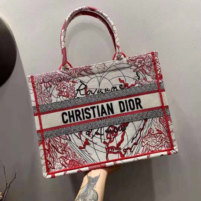 Dior Women Small Dior Book Tote Bag Red White D-Royaume D'Amour Embroidery