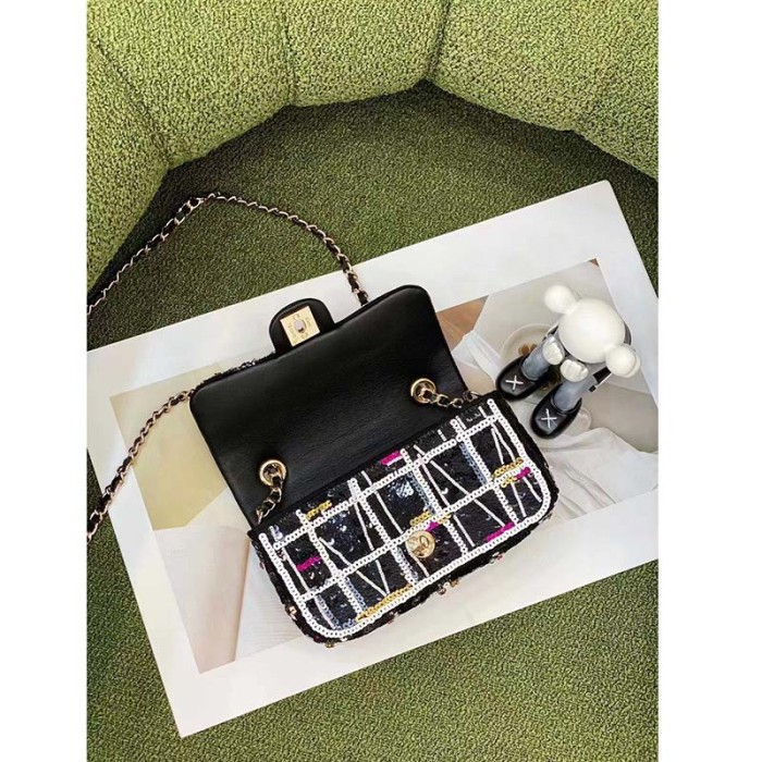 Chanel Women CC Only 1 Bag Set Of 4 Minis Bags Black Lambskin Sequins Glass Pearls