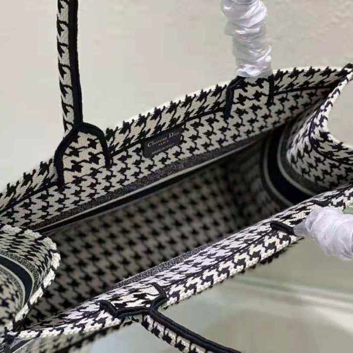 Dior Women Small Dior Book Tote Black and White Houndstooth Embroidery