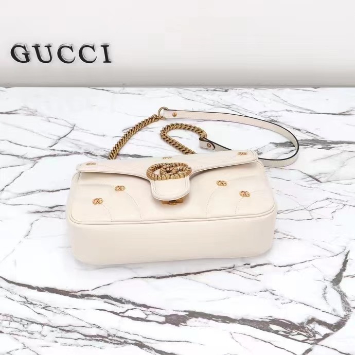 Gucci Women GG Marmont Small Shoulder Bag Double G White Matelassé Chevron Leather