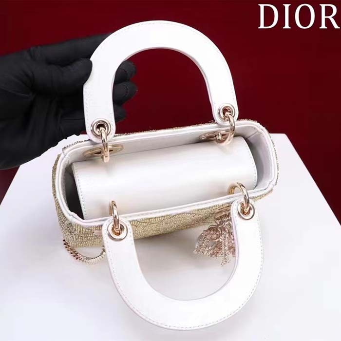Dior Women CD Mini Lady Dior Bag Caramel Beige Cannage Cotton Embroidered Micropearls