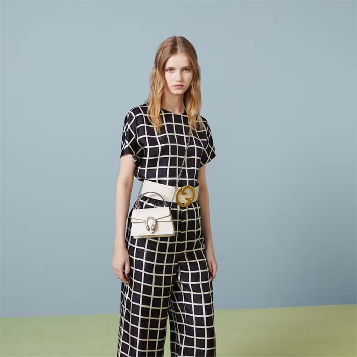 Gucci GG Women Dionysus Mini Top Handle Bag White Leather Crystal Hardware Tiger Head Closure