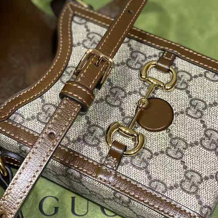 Gucci Unisex Horsebit 1955 Mini Bag Beige and Ebony GG Supreme Canvas