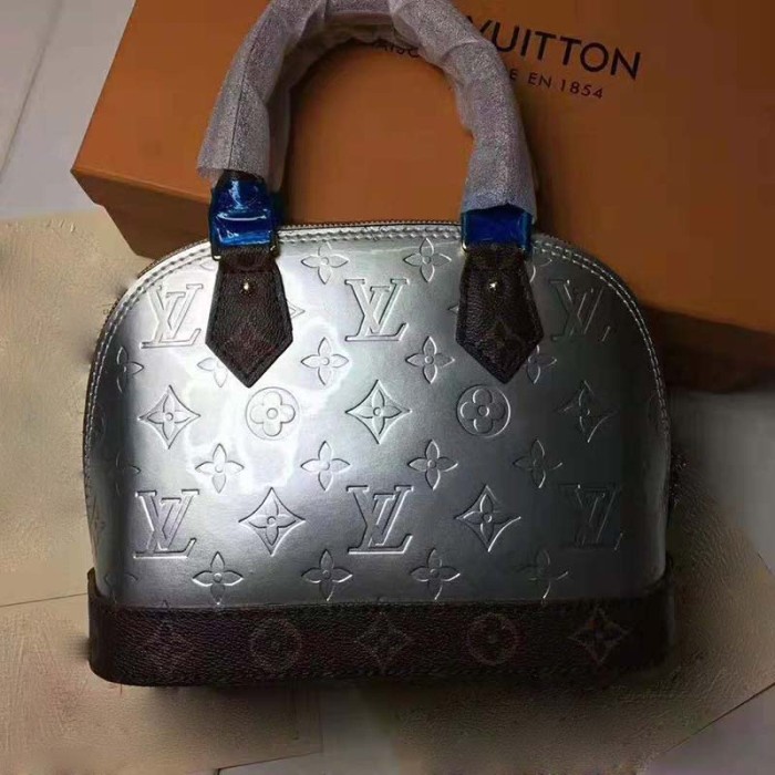 Louis Vuitton LV Women Alma BB Handbag in Metallic Monogram Vernis Patent Leather-Silver
