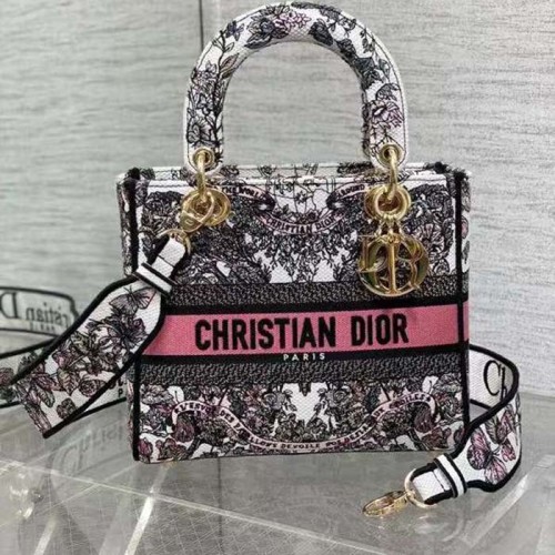 Dior Women CD Medium Lady D-Lite Bag White Pink Butterfly Around The World