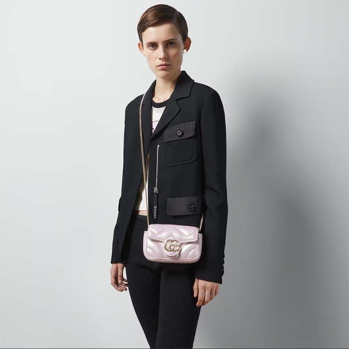 Gucci Women GG Marmont Super Mini Bag Pink Iridescent Matelassé Chevron Leather