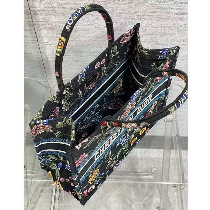 Dior Women CD Medium Book Tote Black Multicolor Dior Petites Fleurs Embroidery