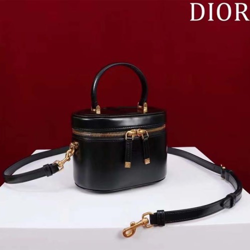Dior Women Small CD Signature Vanity Case Black Calfskin Embossed Leather Handle