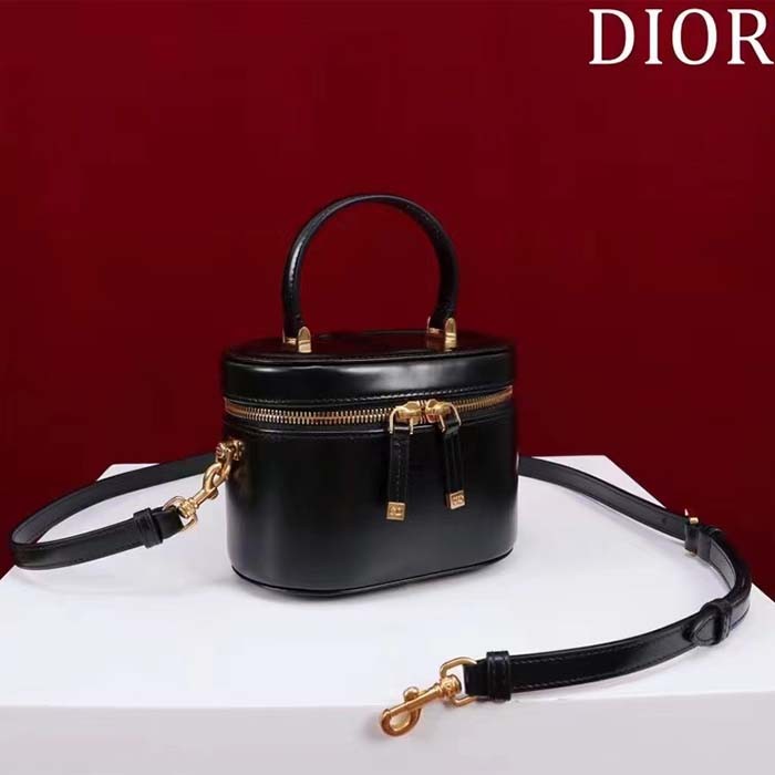Dior Women Small CD Signature Vanity Case Black Calfskin Embossed Leather Handle