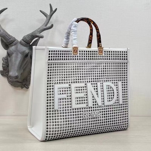 Fendi Women Sunshine Medium White Two-Toned Perforated Leather Shopper
