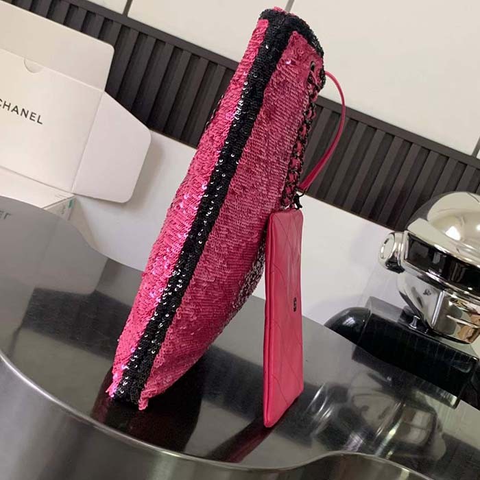 Chanel Women CC Shopping Bag Sequins Black Metal Dark Pink Black