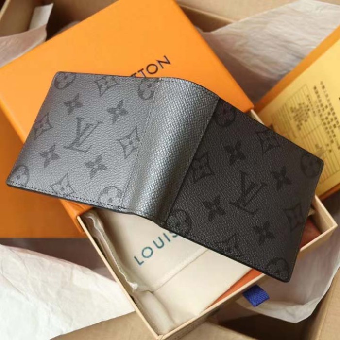 Louis Vuitton LV Unisex Multiple Wallet Gunmetal Gray Monogram Coated Canvas Taiga Cowhide